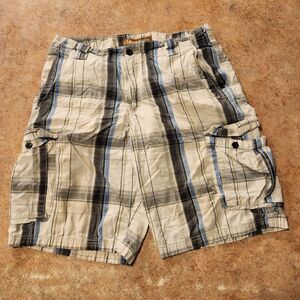 Lee Dungarees Men’s 34 Cargo Shorts Plaid White Blue Cotton Utility Workwear